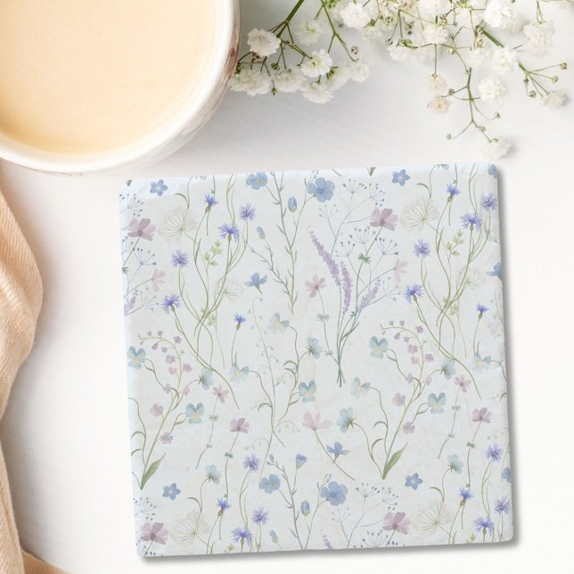 Blue Purple Pretty Wildflower Floral Pattern Stone Coaster (In situ)
