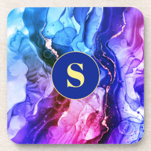 Blue, Purple & Red-Violet Liquid Ink, Monogram Coaster