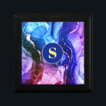 Blue, Purple & Red-Violet Liquid Ink, Monogram Gift Box<br><div class="desc">A trendy Blue,  Purple,  and Red-Violet Liquid Ink design with personalized yellow Monogram in dark blue and gold circle.</div>