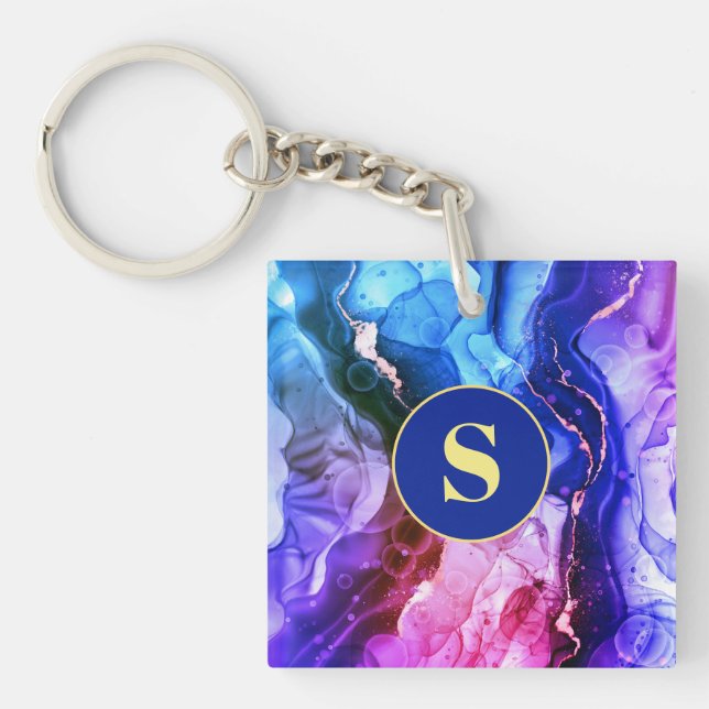 Blue, Purple & Red-Violet Liquid Ink, Monogram Keychain (Front)