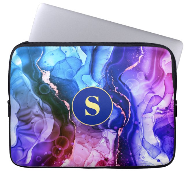 Blue, Purple & Red-Violet Liquid Ink, Monogram Laptop Sleeve (Front)
