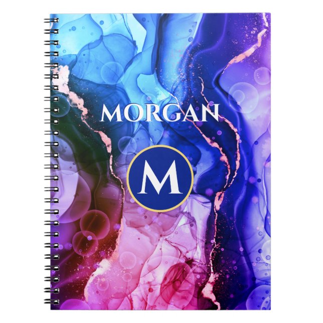 Blue Purple Red-Violet Liquid Ink, Monogram & Name Notebook (Front)