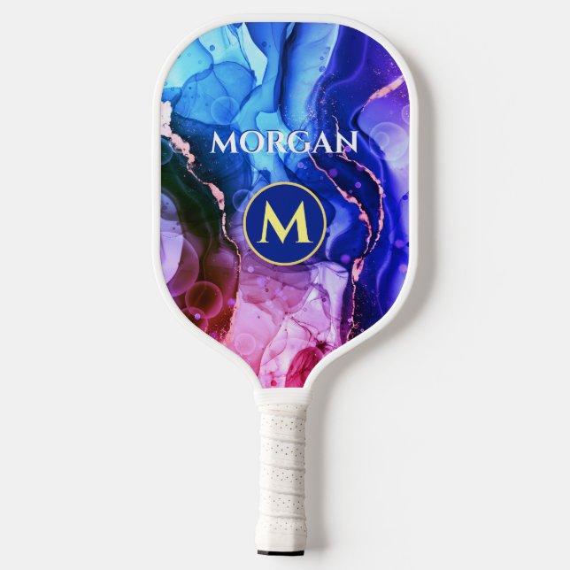 Blue Purple Red-Violet Liquid Ink, Monogram & Name Pickleball Paddle (Back)