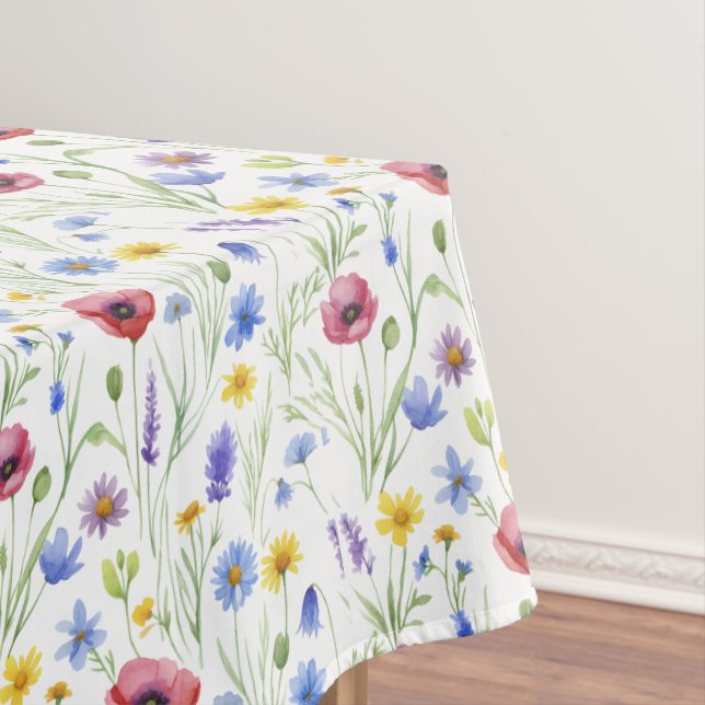 Blue Purple Red Watercolor Wildflower Tablecloth (In Situ)