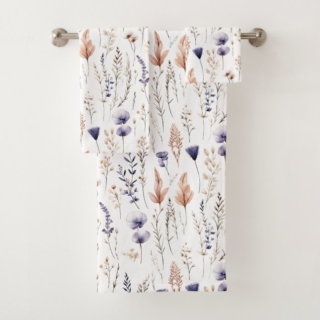 Blue Purple Rose Beige Wildflowers Botanical Boho Bath Towel Set (Insitu)
