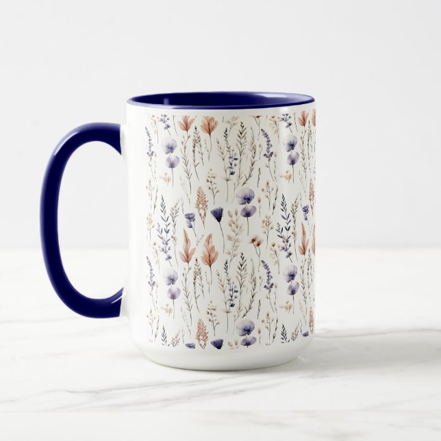 Blue Purple Rose Beige Wildflowers Botanical Boho Mug (Left)