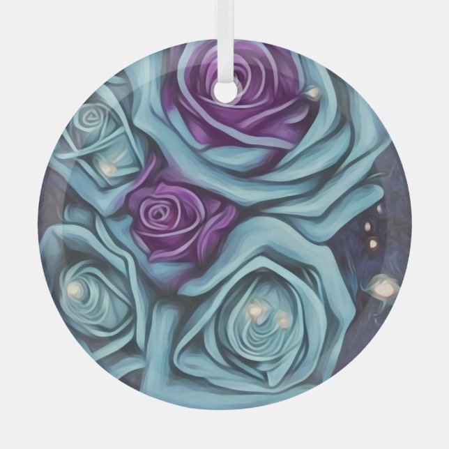 Blue & Purple Rose Bouquet Glass Ornament (Front)
