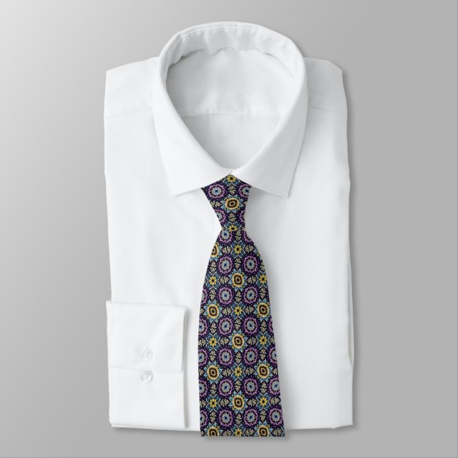 Blue, Purple, Sage, Yellow & White Retro - dark Tie (Tied)