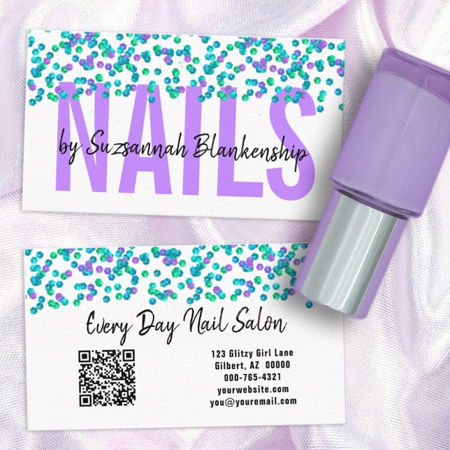 Blue Purple Sequins Large Text NAILS Custom Busine Business Card (Creator Uploaded)