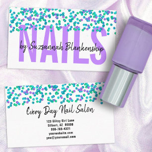 Blue Purple Sequins Large Text NAILS Custom Business Card