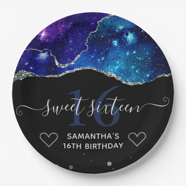Blue & Purple Silver Glitter Galaxy Agate Sweet 16 Paper Plate (Front)