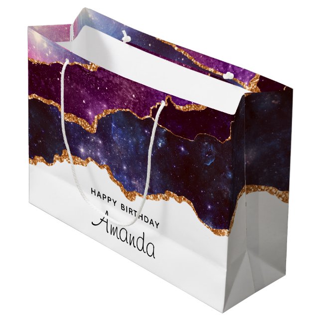 Blue & Purple Space & Stars Modern Agate Birthday Large Gift Bag (Front Angled)