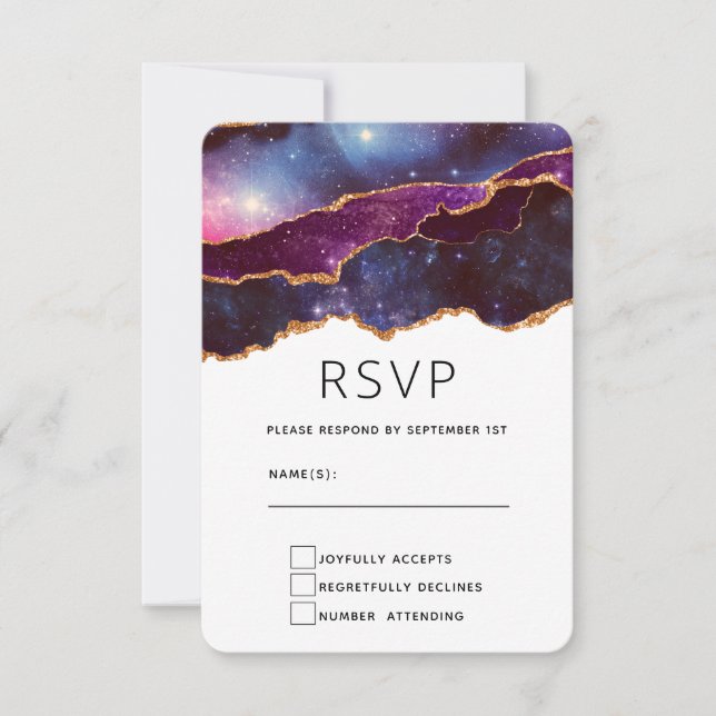 Blue & Purple Space & Stars Modern Agate Wedding RSVP Card (Front)