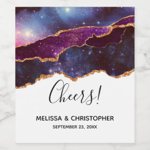 Blue & Purple Space & Stars Modern Agate Wedding Wine Label