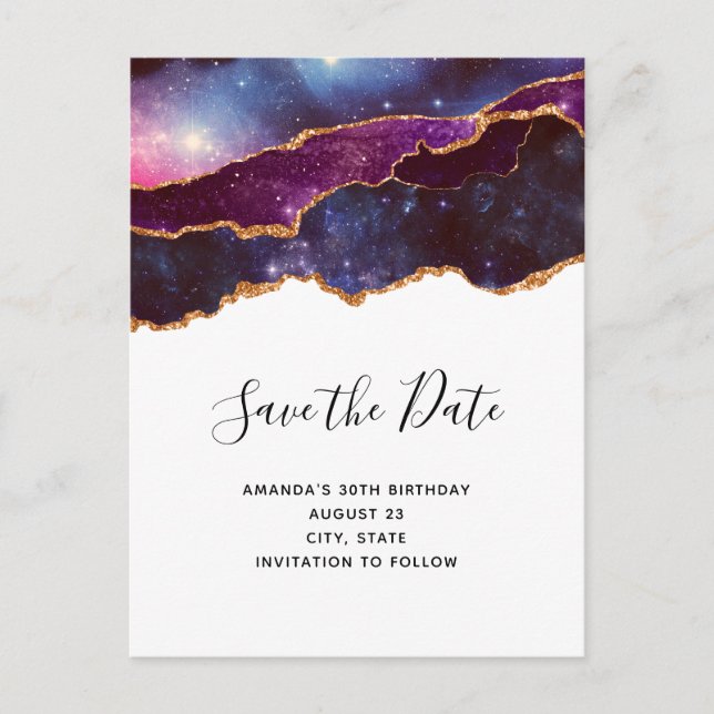 Blue & Purple Space & Stars Modern Save the Date Invitation Postcard (Front)