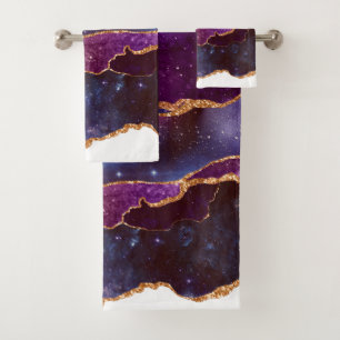 Blue & Purple Space & Stars with Gold Ribbon Bath Towel Set