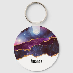 Blue & Purple Space & Stars with Gold Ribbon Keychain