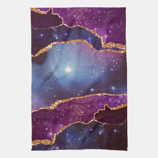 Blue & Purple Space & Stars with Gold Ribbon Kitchen Towel (Vertical)