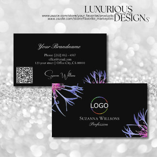 Blue Purple Star Flower on Black with Logo QR Code Business Card