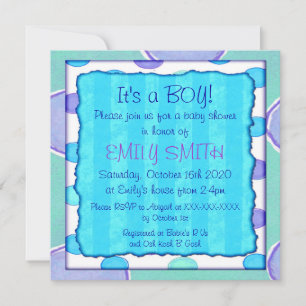 Blue purple stripe dot baby shower invitations