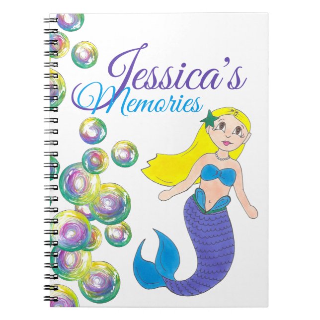 Blue Purple Swimming Ocean Mermaid Personalized Notebook (Front)
