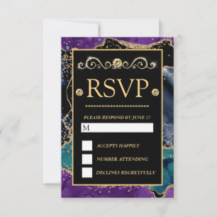 Blue Purple Teal Gold Glitter Agate Wedding RSVP Card