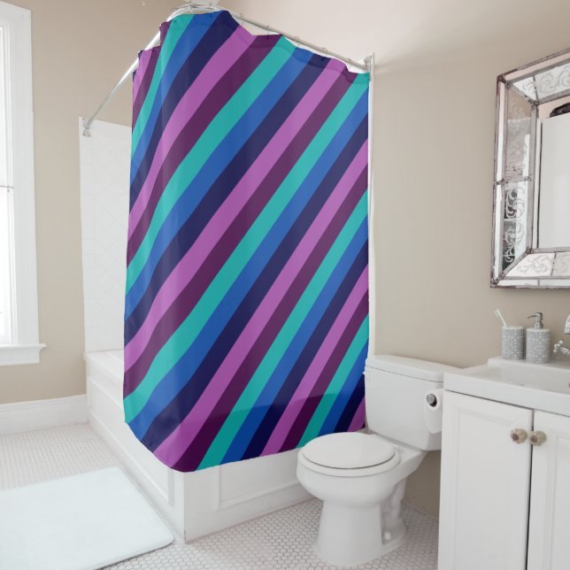 Blue Purple Teal Stripes Shower Curtain (In Situ)