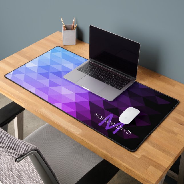 Blue purple triangle geometry pattern Monogram Desk Mat (Office 2)