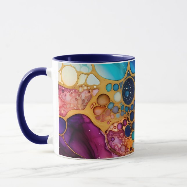 Blue, Purple, Turquoise Alcohol & Ink Bubbles Mug (Left)