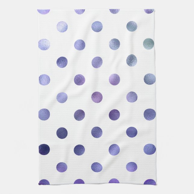 Blue Purple Violet Metallic Faux Foil Polka Dot Kitchen Towel (Vertical)