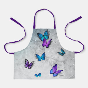 Blue Purple Watercolor 3D Butterfly Name Monogram Apron