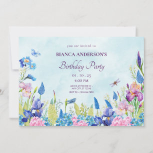 Blue purple watercolor floral aesthetic birthday invitation