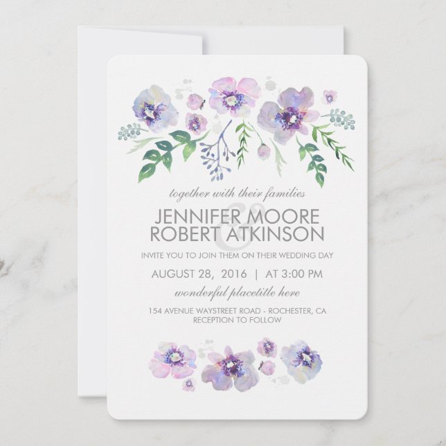 Blue Purple Watercolor Flowers Wedding Invitation (Front)