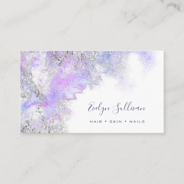 blue purple watercolor silver foil business card (Front)