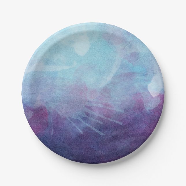Blue Purple Watercolor Splashes Design Paper Plate (Front)