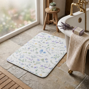 Blue Purple Watercolor Wildflower Bath Mat