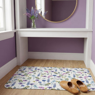 Blue Purple Watercolor Wildflower Bath Mat