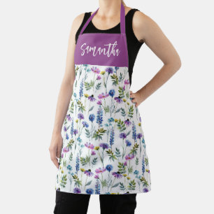 Blue Purple Watercolor Wildflower Custom Name Apron