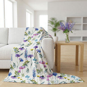 Blue Purple Watercolor Wildflower Fleece Blanket