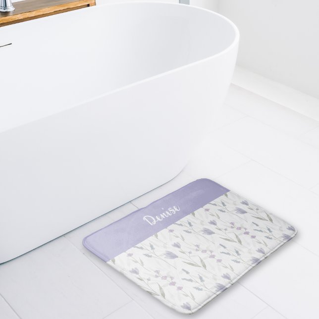 Blue Purple Watercolor Wildflower Monogram  Bath Mat (Creator Uploaded)