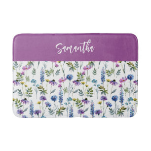 Blue Purple Watercolor Wildflower Monogram Bath Mat