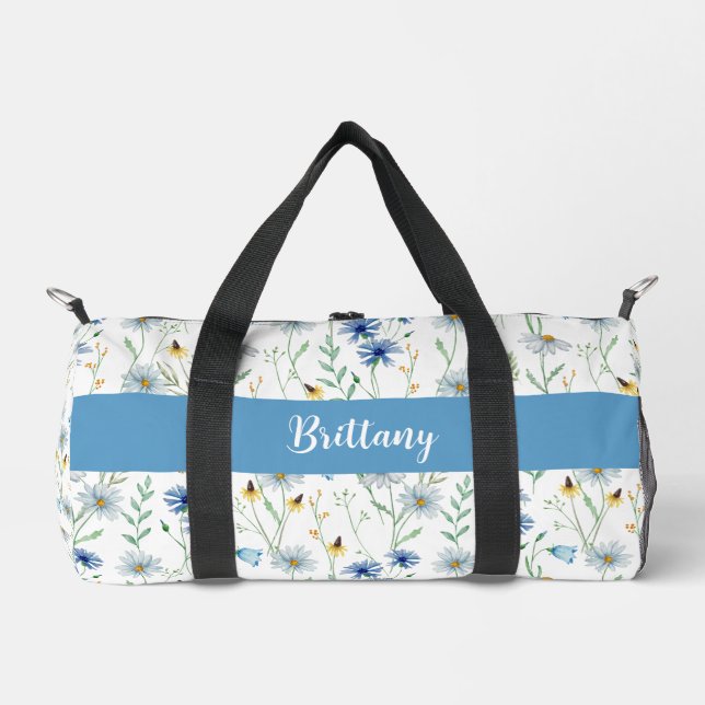 Blue Purple Watercolor Wildflower Monogram Duffle Bag (Front)