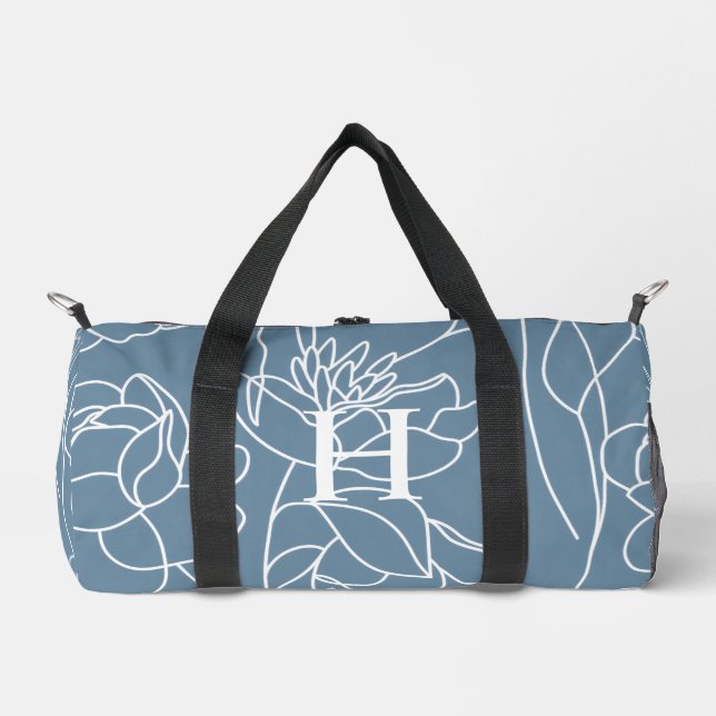 Blue Purple Watercolor Wildflower Monogram Duffle Bag (Front)