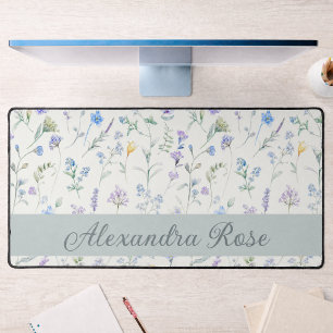 Blue Purple Watercolor Wildflower Monogram Name De Desk Mat
