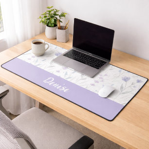 Blue Purple Watercolor Wildflower Monogram Name Desk Mat
