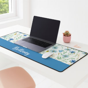 Blue Purple Watercolor Wildflower Monogram Name Desk Mat