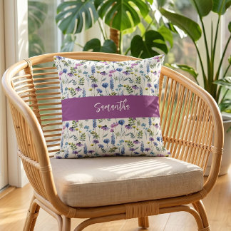 Blue Purple Watercolor Wildflower Monogram Name Throw Pillow