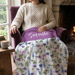 Blue Purple Watercolor Wildflower Name Fleece Blanket