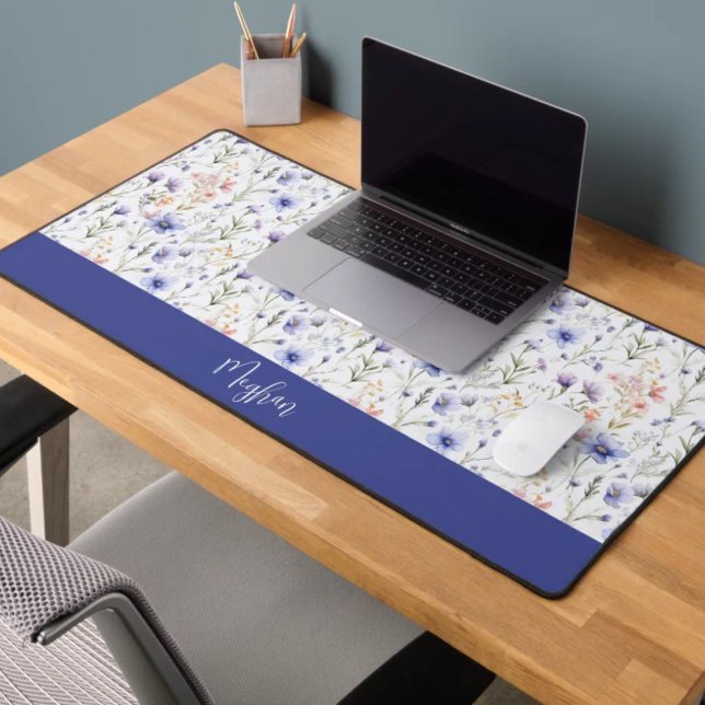 Blue Purple Watercolor Wildflower Name Monogram Desk Mat (Creator Uploaded)