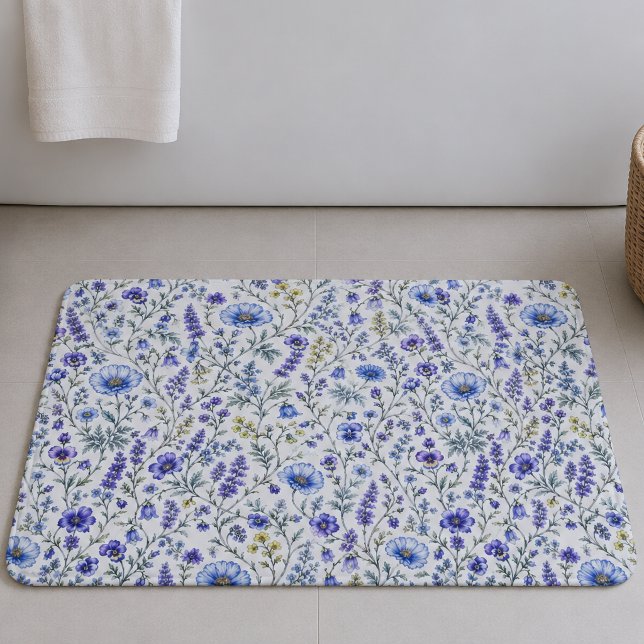 Blue Purple Watercolor Wildflower Pattern Bath Mat (Creator Uploaded)